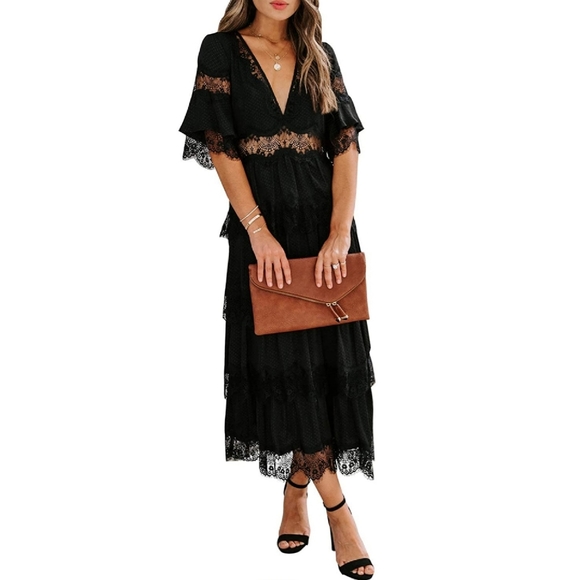 TRENDY BOHO V-NECK LACE ROMPER LONG DRESS - Picture 3 of 4